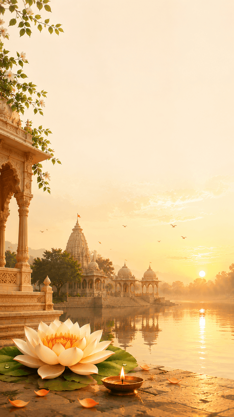 A lotus and a lit diya lamp at dawn beside a riverside temple, evoking quiet, private reflection